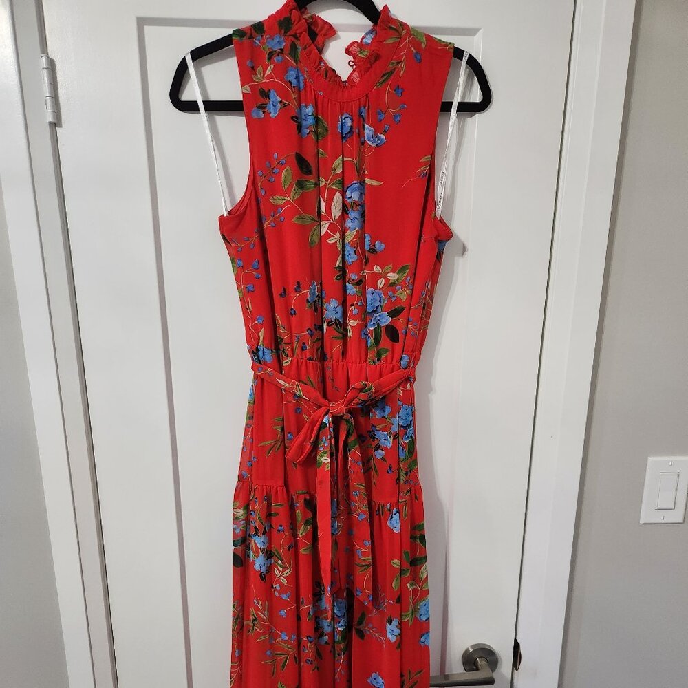Calvin Klein Red Floral Dress Pleated Skirt